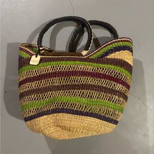 Elegant Handwoven Straw Tote Bag with Green and Purple Stripes